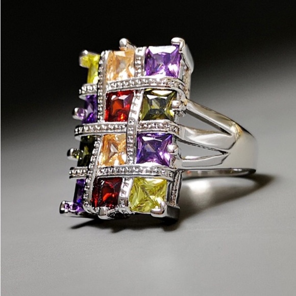 New Arrival! Stunning Multi-Colored CZ Ring in Sterling Silver 925 - Picture 3 of 10
